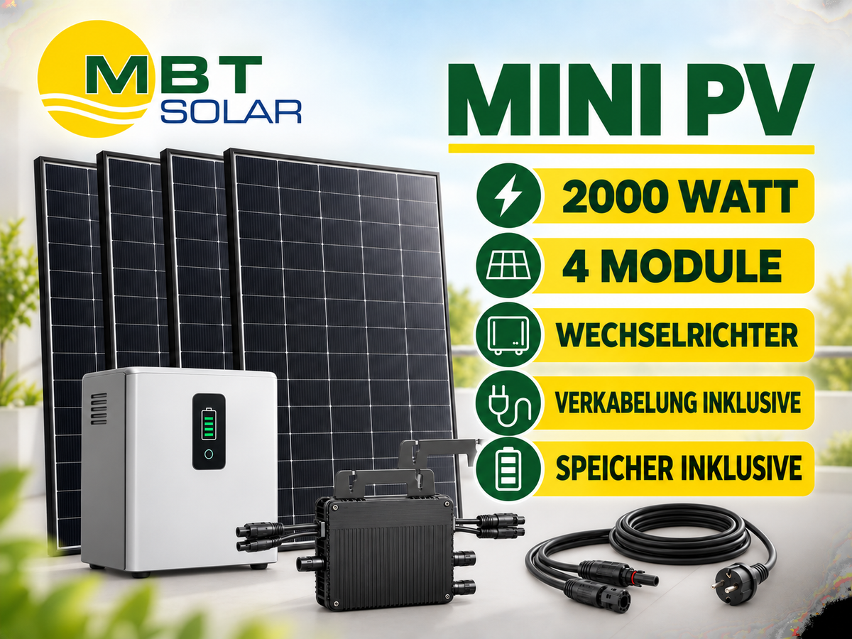 2000 Watt Balkonkraftwerk / Mini-PV Set inkl. Wechselrichter u. Speicher – 4 Module ab 400 Watt